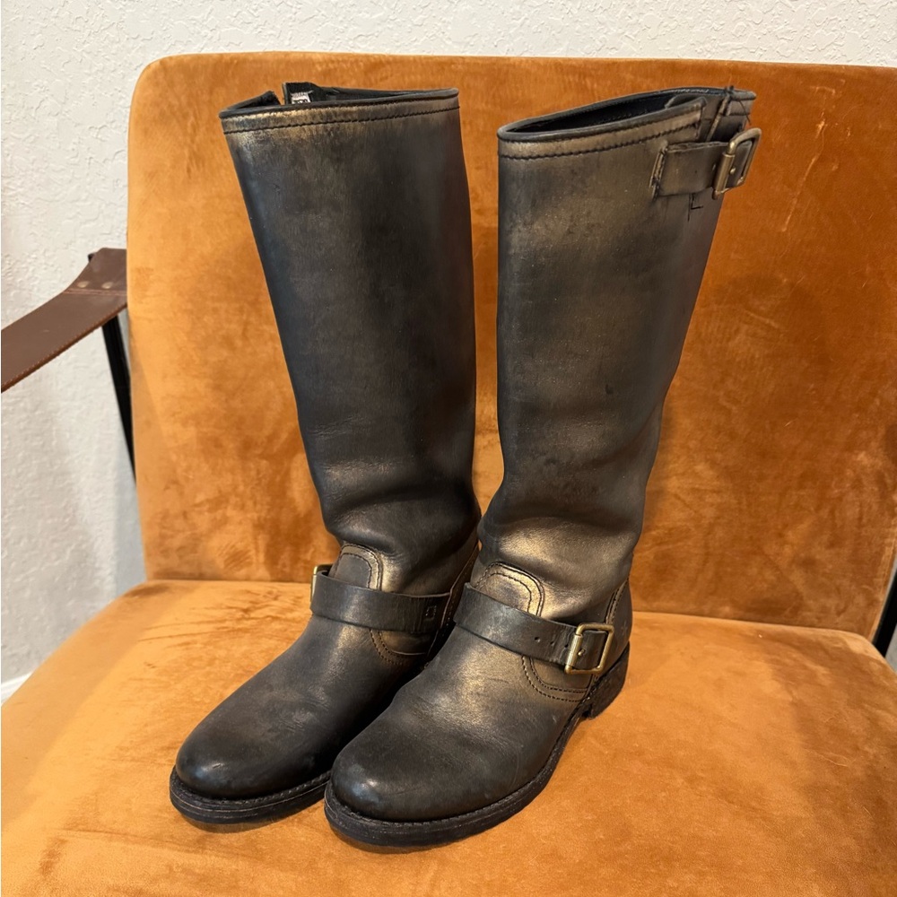 FRYE FOR COACH VERONICA TALL BOOTS BLACK GOLD METALLIC VINTAGE LEATHER